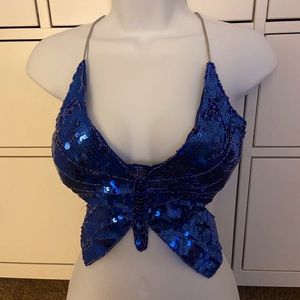 Royal Blue Butterfly Sequin Backless Cami Top